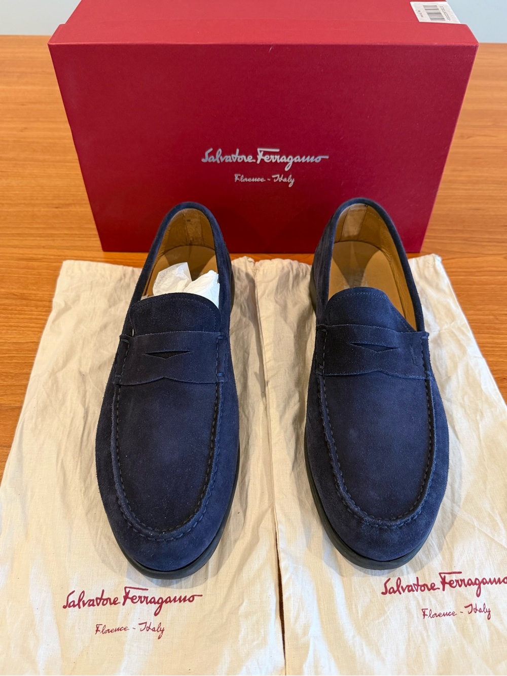 Salvatore Ferragamo Navy Suede Penny Loafers